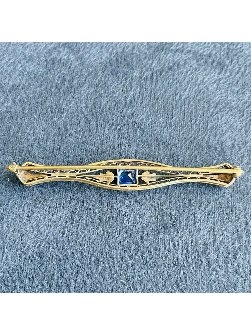 Edwardian 14k Signed Solid Gold & Lab Sapphire Vintage Filigree Floral Brooch - Picture 2 of 8